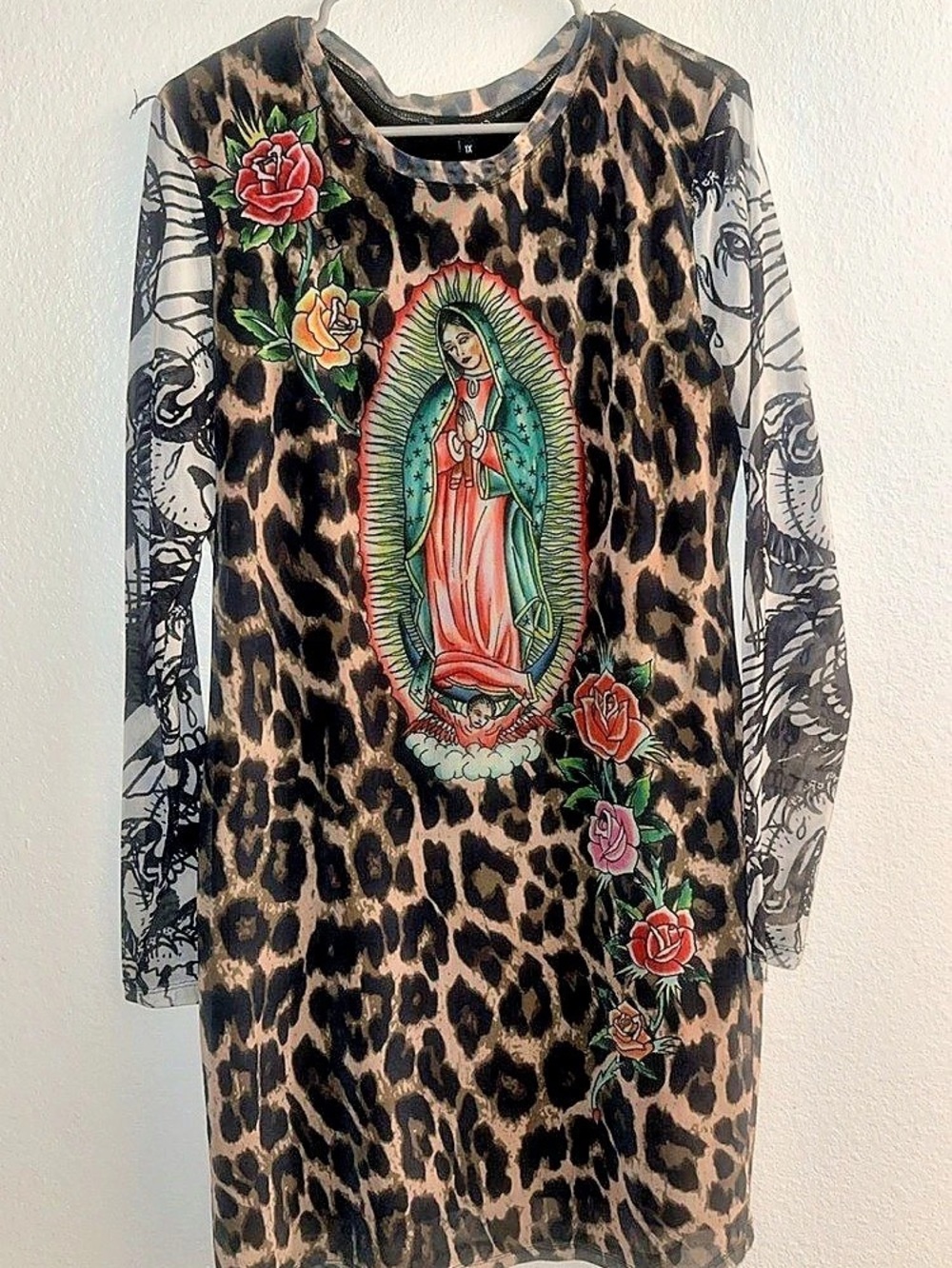 Ed Hardy Virgin Mary Leopard Print Mesh Mini Dress Brown & Black 1X